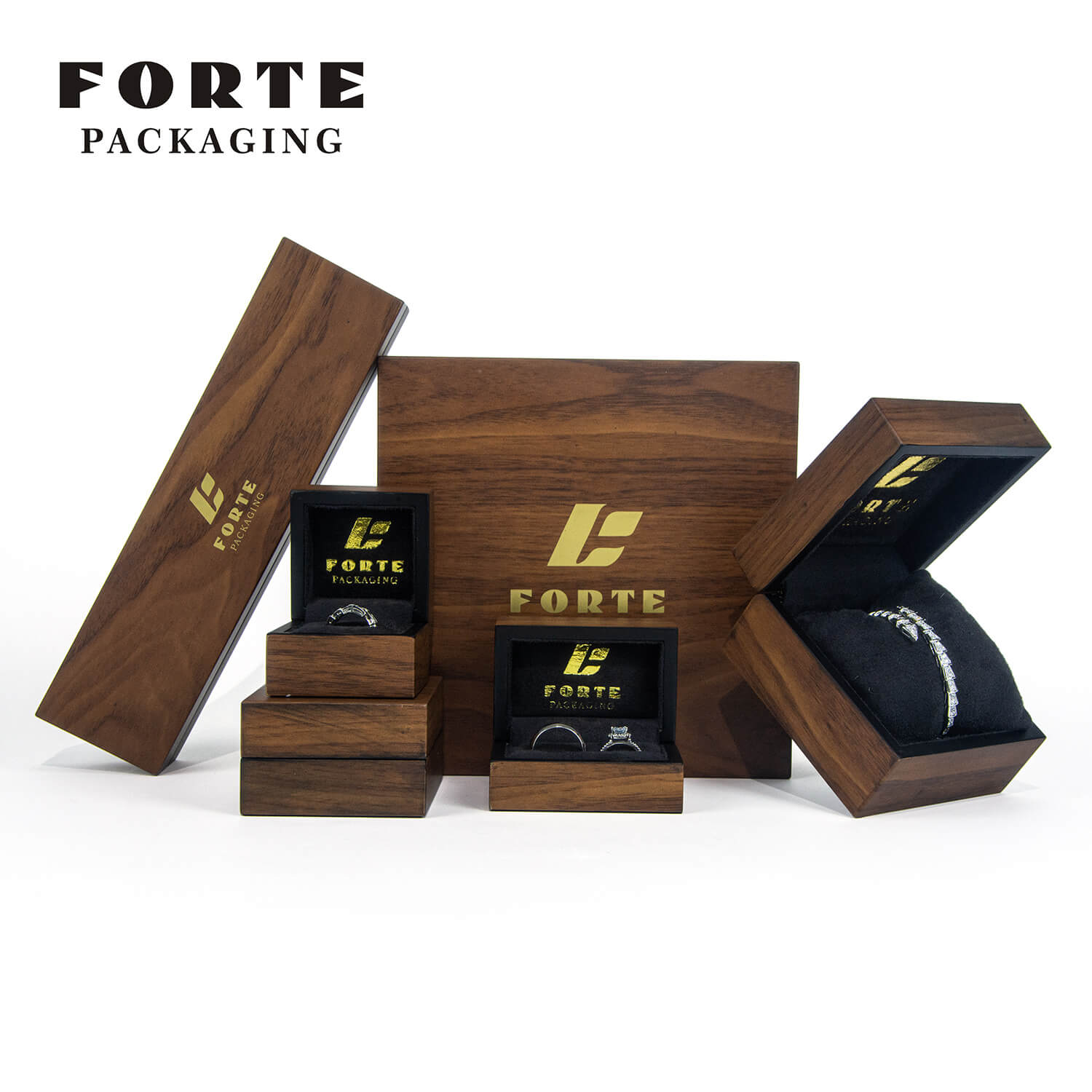 FORTE Naturholzverpackungen Großhandel für Schmuck Holzverpackungen Kundenspezifische Holz-Ehering-Box Individuelles Logo Luxuriöse Armreif-Boxen