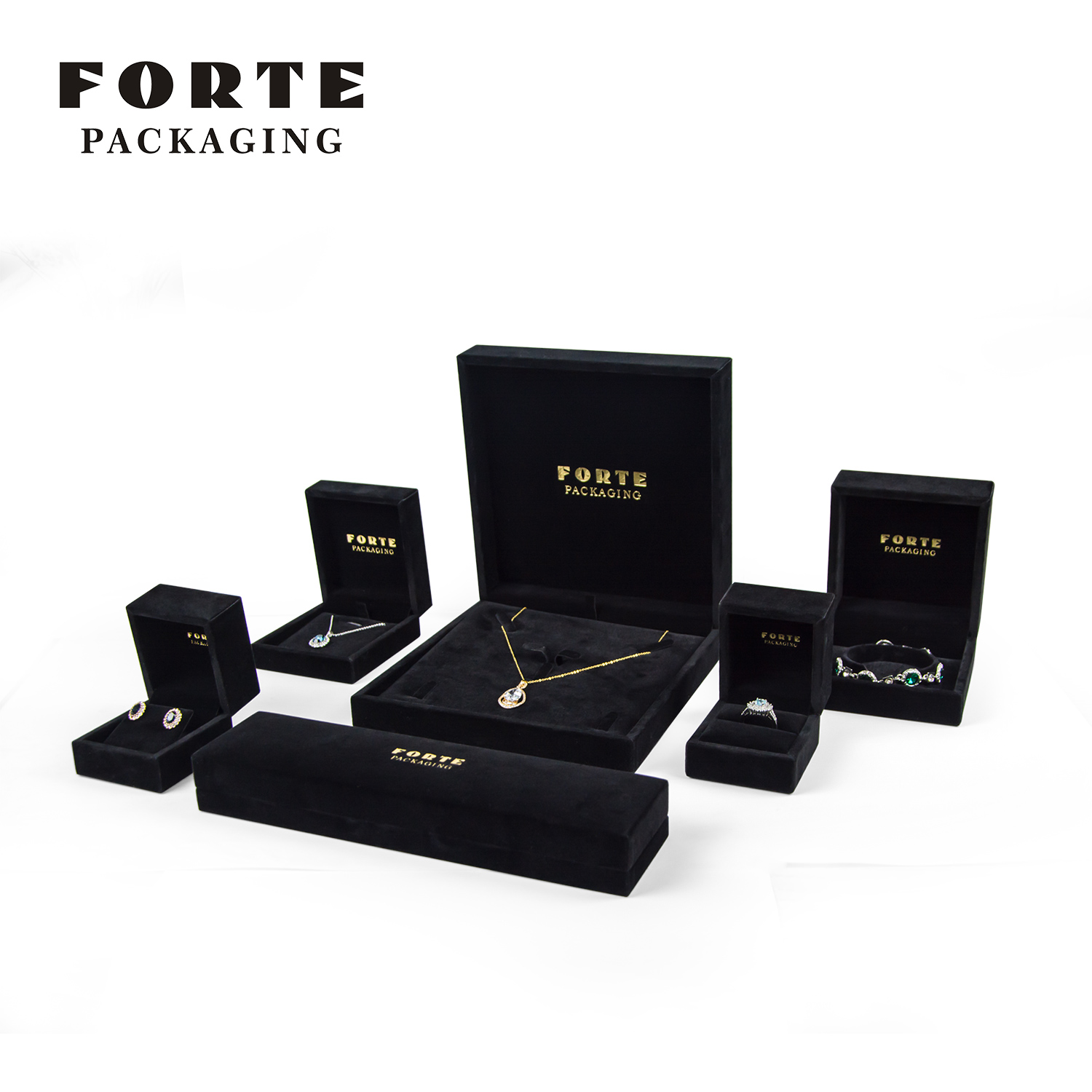 FORTE Joyero Luxuriöse schwarze High-End-Armreifen mit individuellem Logo, Schmuckkästchen für Halsketten, Samt-Schmuckkästchen