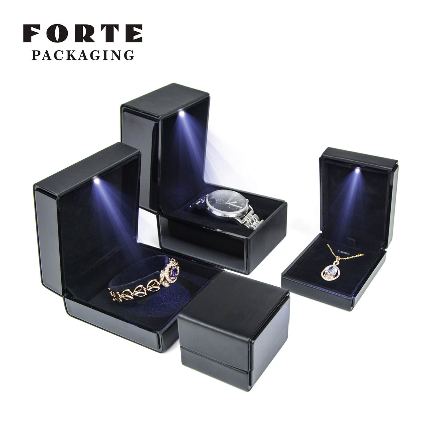 FORTE schwarze Klavierlack-LED-Leuchtbox mit Ring-Anhängeruhr, Schmuckverpackung 